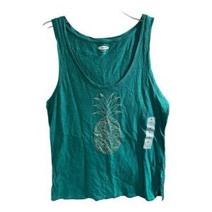NWT Old Navy Teal & Gold Pineapple Cotton Tank Top Size Medium Lightweight